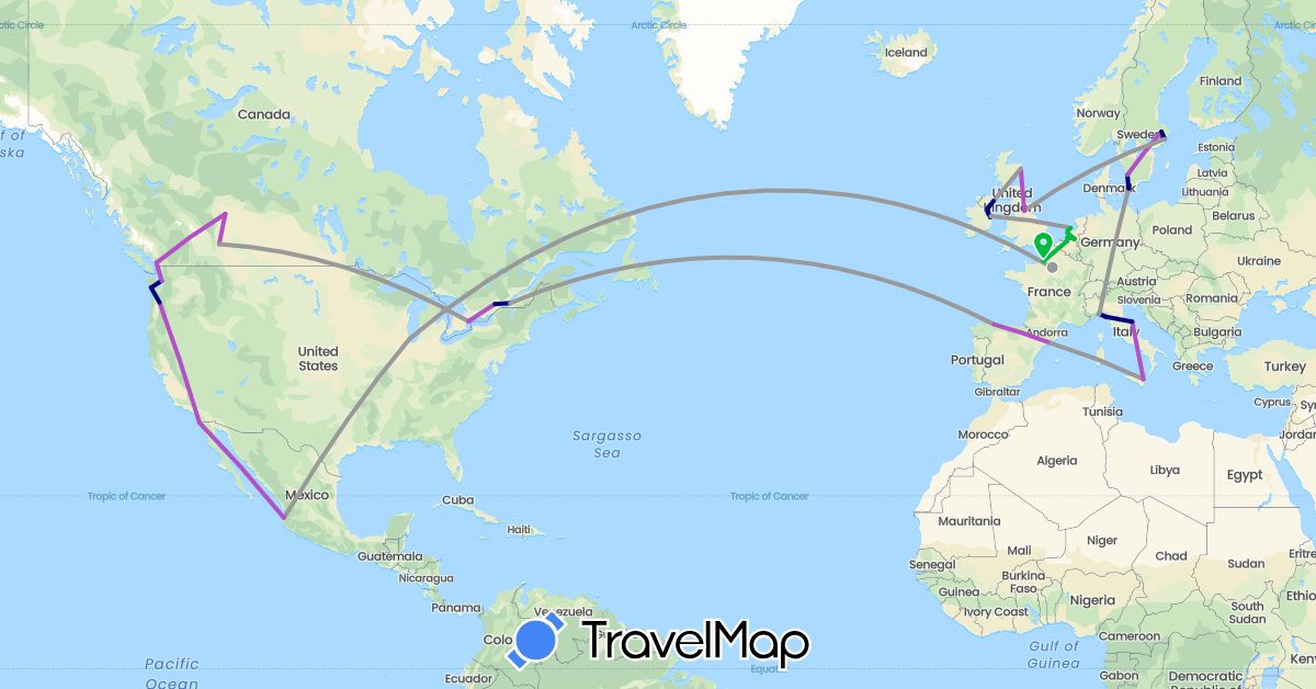 TravelMap itinerary: driving, bus, plane, train in Belgium, Canada, Spain, France, United Kingdom, Ireland, Italy, Mexico, Netherlands, Sweden, United States (Europe, North America)